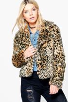Boohoo Bella Crop Leopard Faux Fur Jacket Multi
