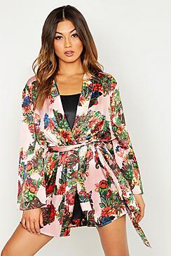 Boohoo Vibrant Tropical Satin Kimono Robe