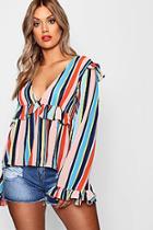 Boohoo Plus Megan Wide Sleeve Bright Tripe Plunge Top