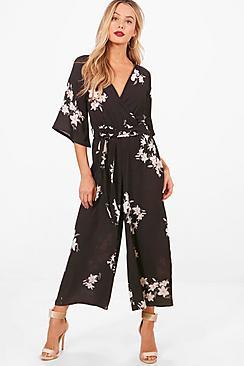 Boohoo Tiffany Floral Wrap Culotte Leg Jumpsuit