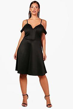 Boohoo Plus Jessica Off The Shoulder Pleat Skater Dress