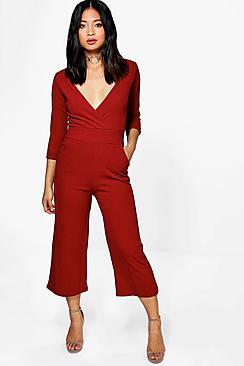 Boohoo Petite Nora Roll Sleeve Relax Culotte Jumpsuit