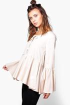 Boohoo Petite Isla Woven Frill Hem + Frill Sleeve Top Nude