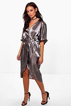 Boohoo Aly Satin Wrap Drape Kimono Sleeve Midi Dress