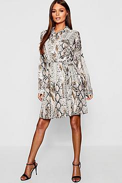 Boohoo Woven Snake Button Through Shirt Dress