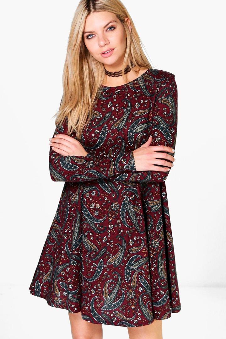 Boohoo Kate Paisley Brushed Knit Swing Dress Berry