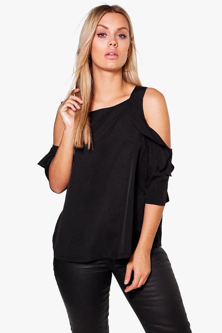 Boohoo Plus Ella Ruffle Cold Shoulder Top Black