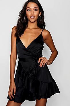 Boohoo Deanna Satin Frill Skirt Wrap Skater Dress