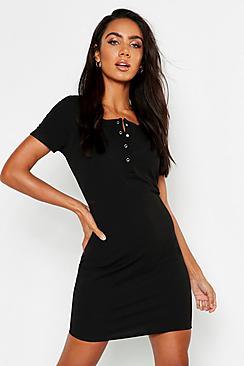Boohoo Popper Detail Notch Neck Bodycon Dress