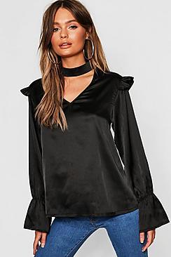 Boohoo Satin Choker Detail Ruffle Blouse