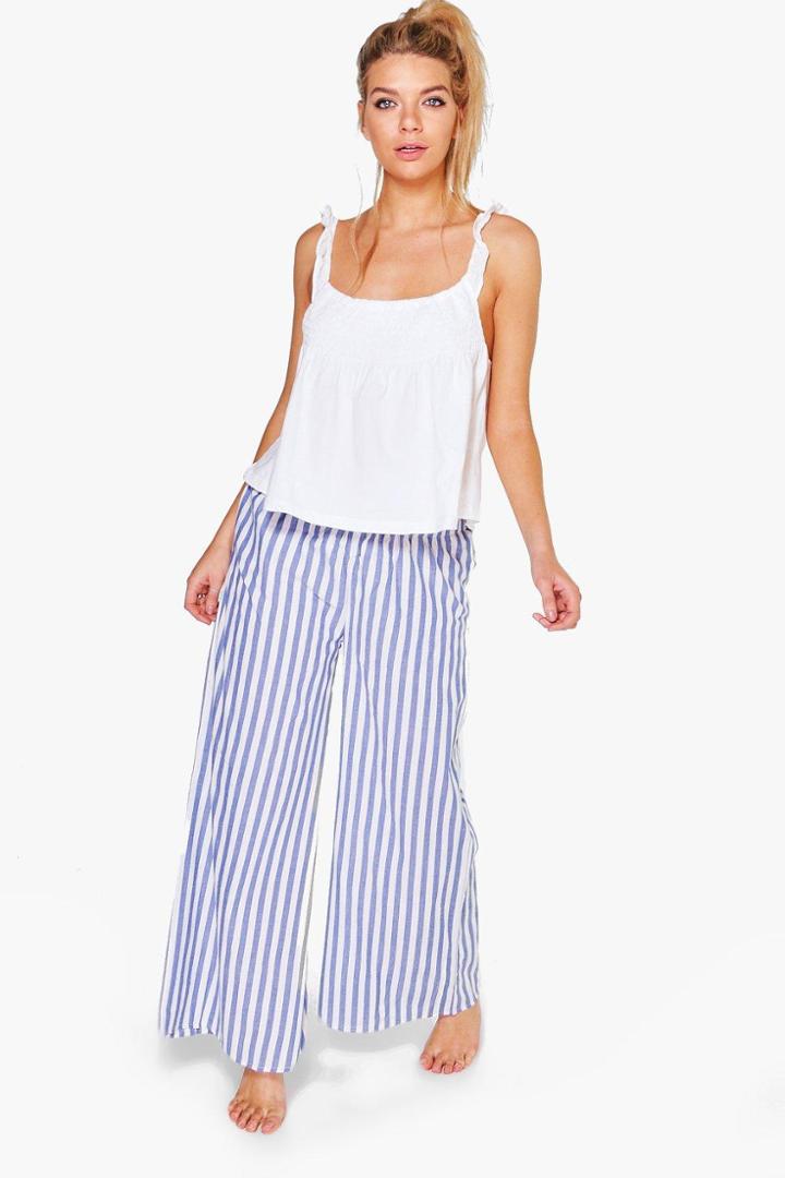 Boohoo Lola Ruffle Tank Top + Stripe Trouser Night Set Blue