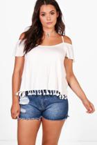 Boohoo Plus Elsa Tassel Open Shoulder Top Ivory
