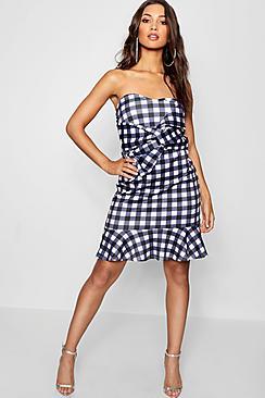 Boohoo Aisha Gingham Bow Front Frill Hem Mini Dress