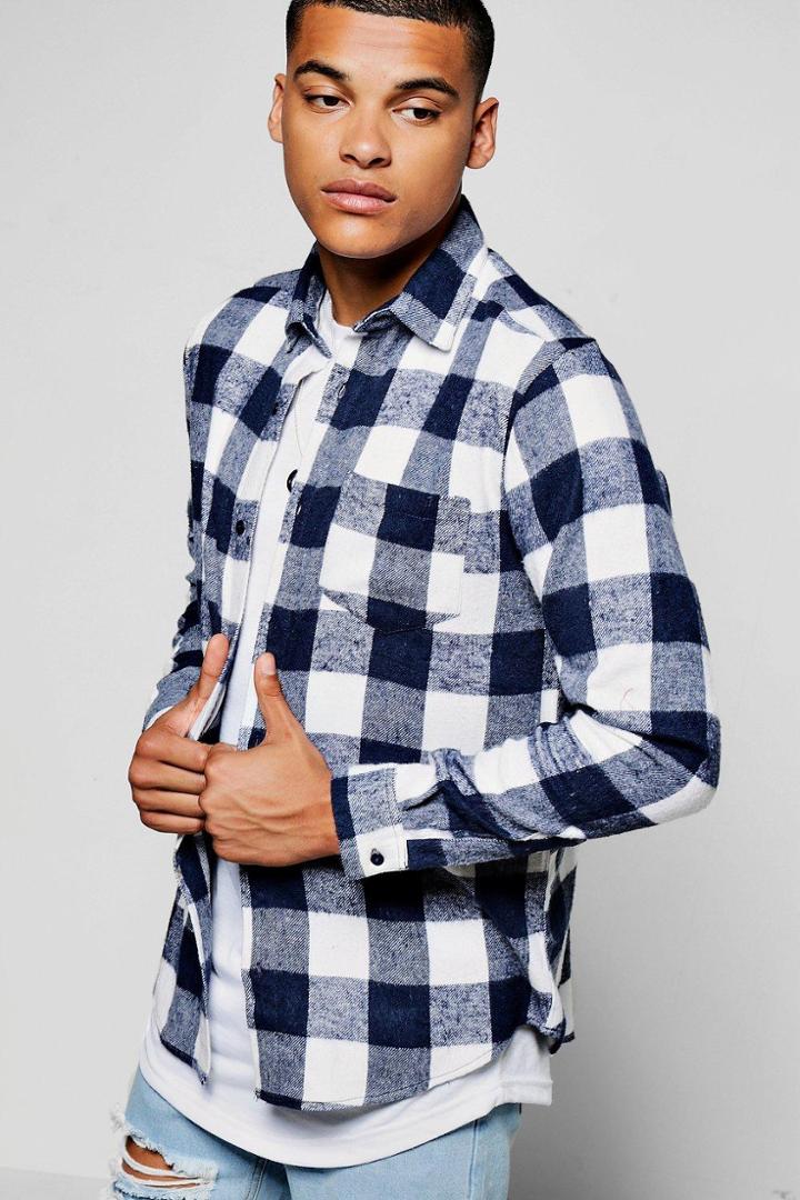 Boohoo Long Sleeve Gingham Shirt Navy