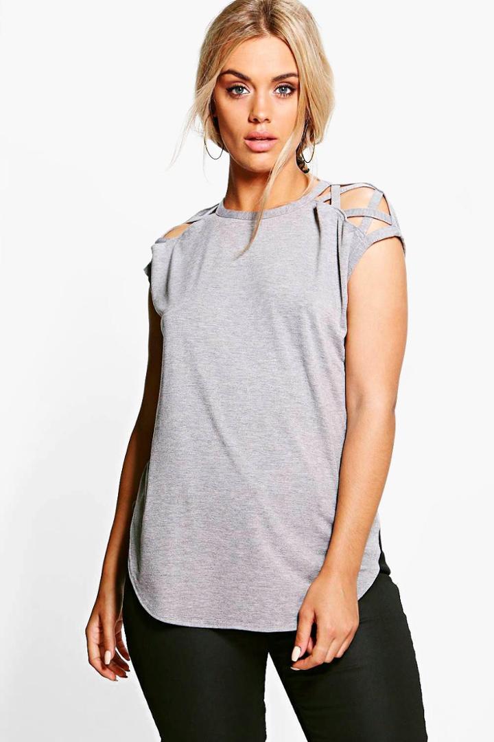 Boohoo Plus Anya Lace Up Detail Shoulder Tee Grey