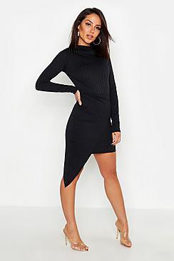 Boohoo Ribbed High Neck Wrap Skirt Midi Dress