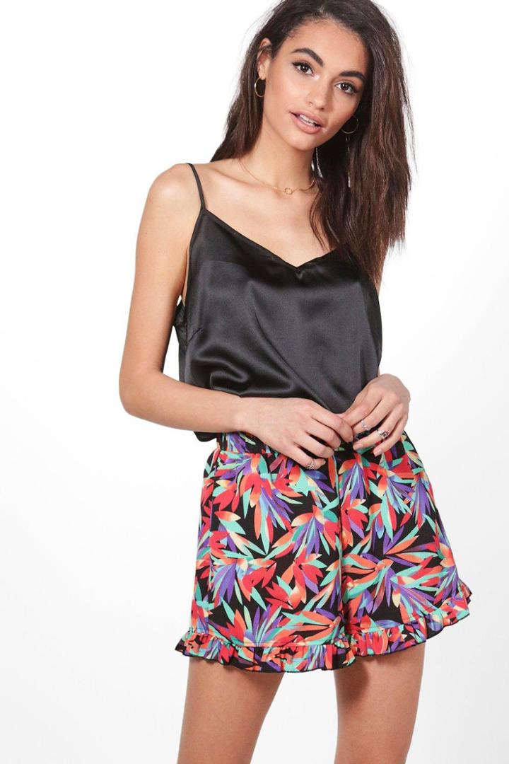 Boohoo Lydia Ruffle Tropical Print Woven Shorts Multi