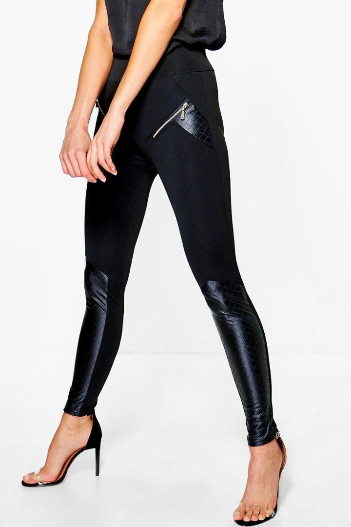 Boohoo Alaia Zip Side Quilted Leather Look Leggings Black