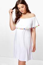 Boohoo Plus Dena Off The Shoulder Pom Pom Shift Dress White