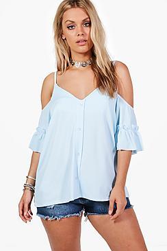 Boohoo Plus Louisa Frill Cold Shoulder Button Front Top