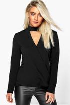 Boohoo Megan Cut Out Neck Wrap Front Top Black