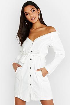 Boohoo Tall Off The Shoulder Belted Denim Dress