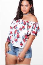 Boohoo Plus Ashleigh Off The Shoulder Ruffle Printed Top Multi