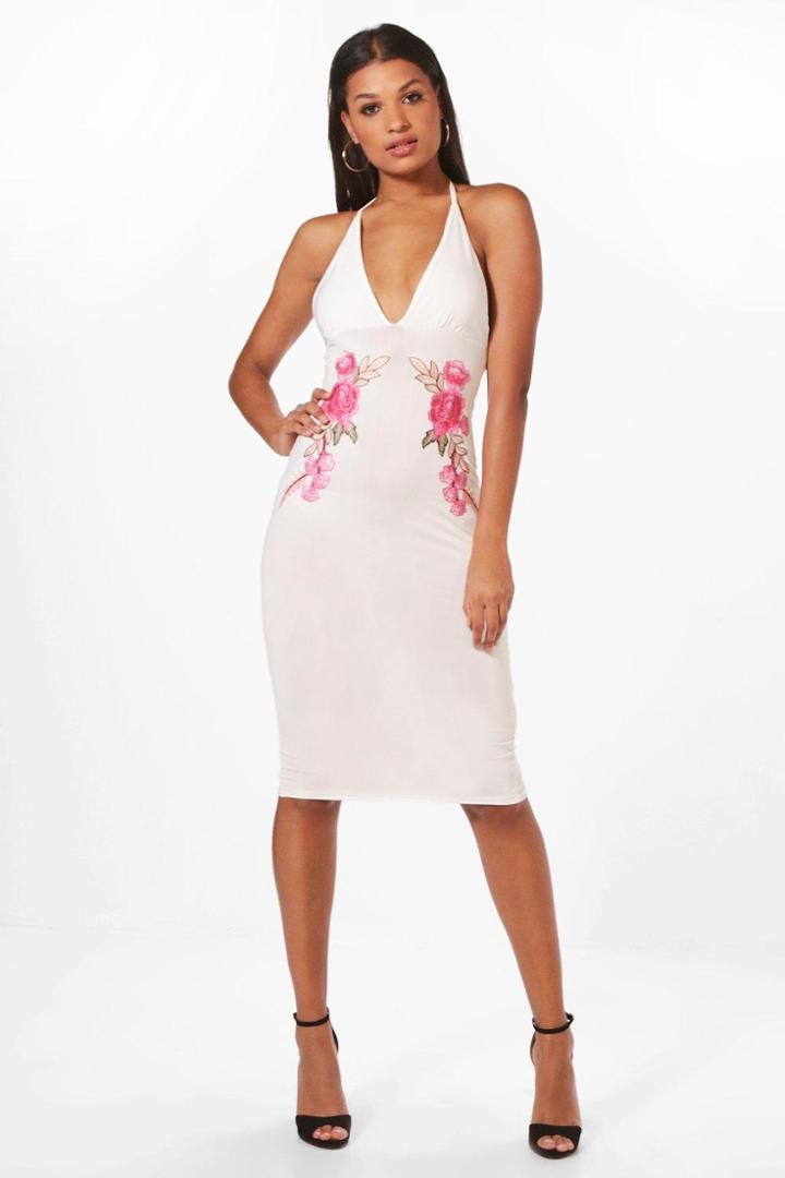 Boohoo Bella Halterneck Applique Midi Dress Ivory