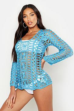 Boohoo Crochet Long Sleeve Beach Cover Up