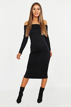 Boohoo Petite Ribbed Off The Shoulder Bodycon Dress
