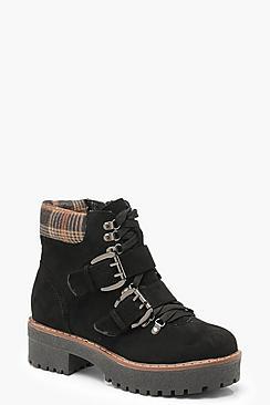 Boohoo Chunky Sole Check Collar Hiker Boots