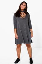 Boohoo Plus Harriet Lace Up High Neck Swing Dress Charcoal
