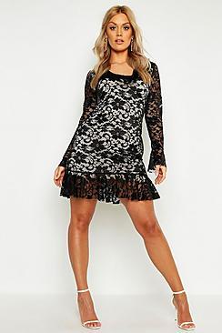 Boohoo Plus Lace Ruffle Bodycon Dress