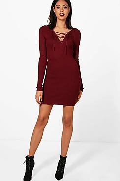 Boohoo Kayla Lace Up Rib Knit Jumper Dress