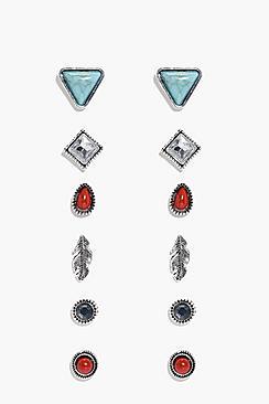Boohoo Kayla Feather Stone Stud 6 Earring Set
