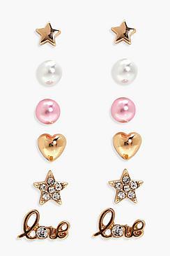 Boohoo Sanaa Pearl And Love Mixed Earring Stud 6pk