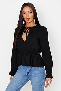 Boohoo Plunge Tie Front Peplum Blouse