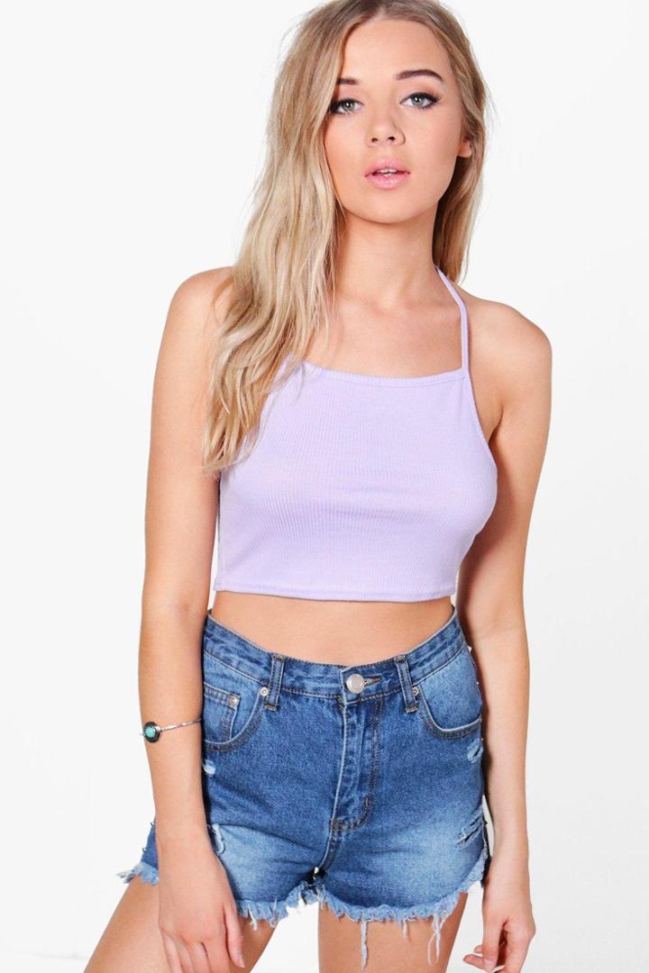 Boohoo Grace Ribbed Crop Halter Neck Lilac