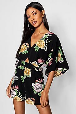 Boohoo Large Floral Kimono Sleeve Playsuit