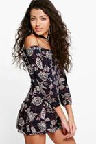 Boohoo Ria Paisley Off The Shoulder Playsuit Navy