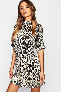 Boohoo Leopard Print Satin Shift Dress