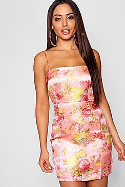 Boohoo Oriental Satin Square Neck Bodycon Dress