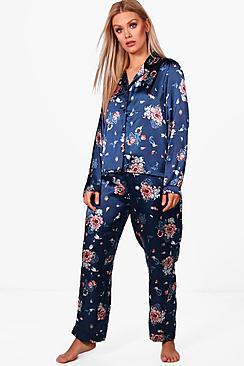 Boohoo Plus Lana Print Satin Contrast Piping Trouser Set