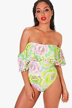 Boohoo Pisa Neon Citrus Pom Ruffle Bardot Swimsuit