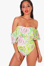 Boohoo Pisa Neon Citrus Pom Ruffle Bardot Swimsuit
