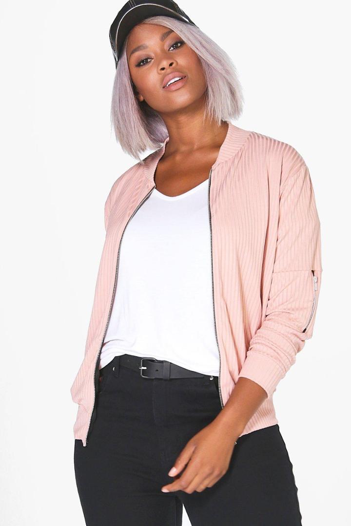 Boohoo Plus Bex Ribbed Bomber Jacket Blush