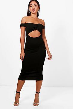Boohoo Taffy Ruched Off The Shoulder Midi Dress