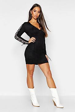Boohoo Embroidered Tape Suedette Bodycon Dress