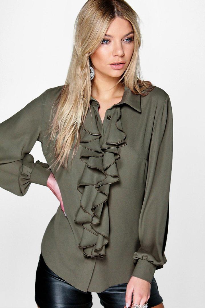 Boohoo Ona Ruffle Detail Blouse Olive