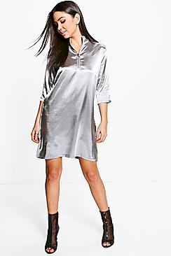 Boohoo Rebekah Satin Zip Front Shift Dress